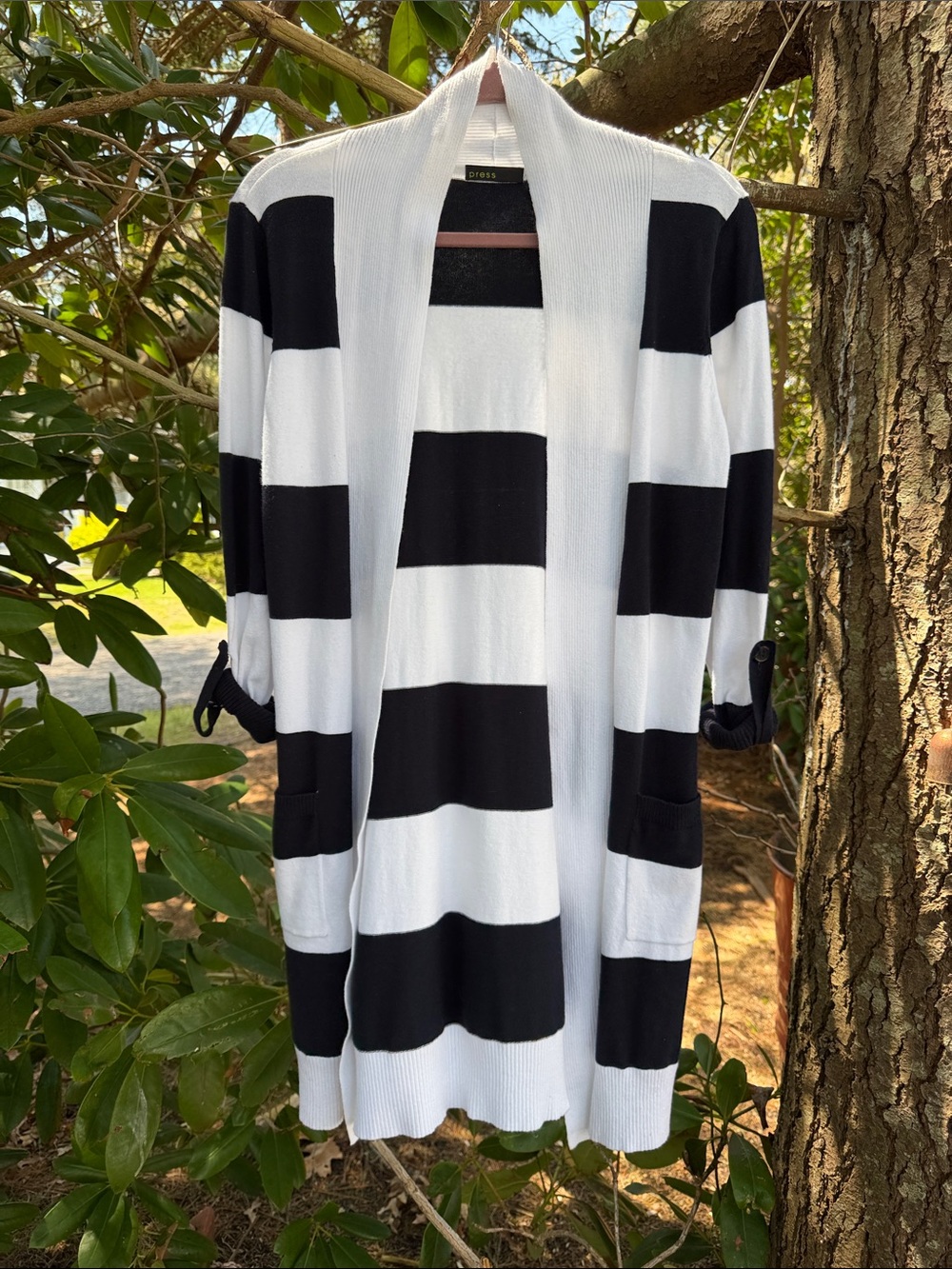 Striped Open-Front Cardigan in Dark Navy Blue & White Press- Pockets- Large